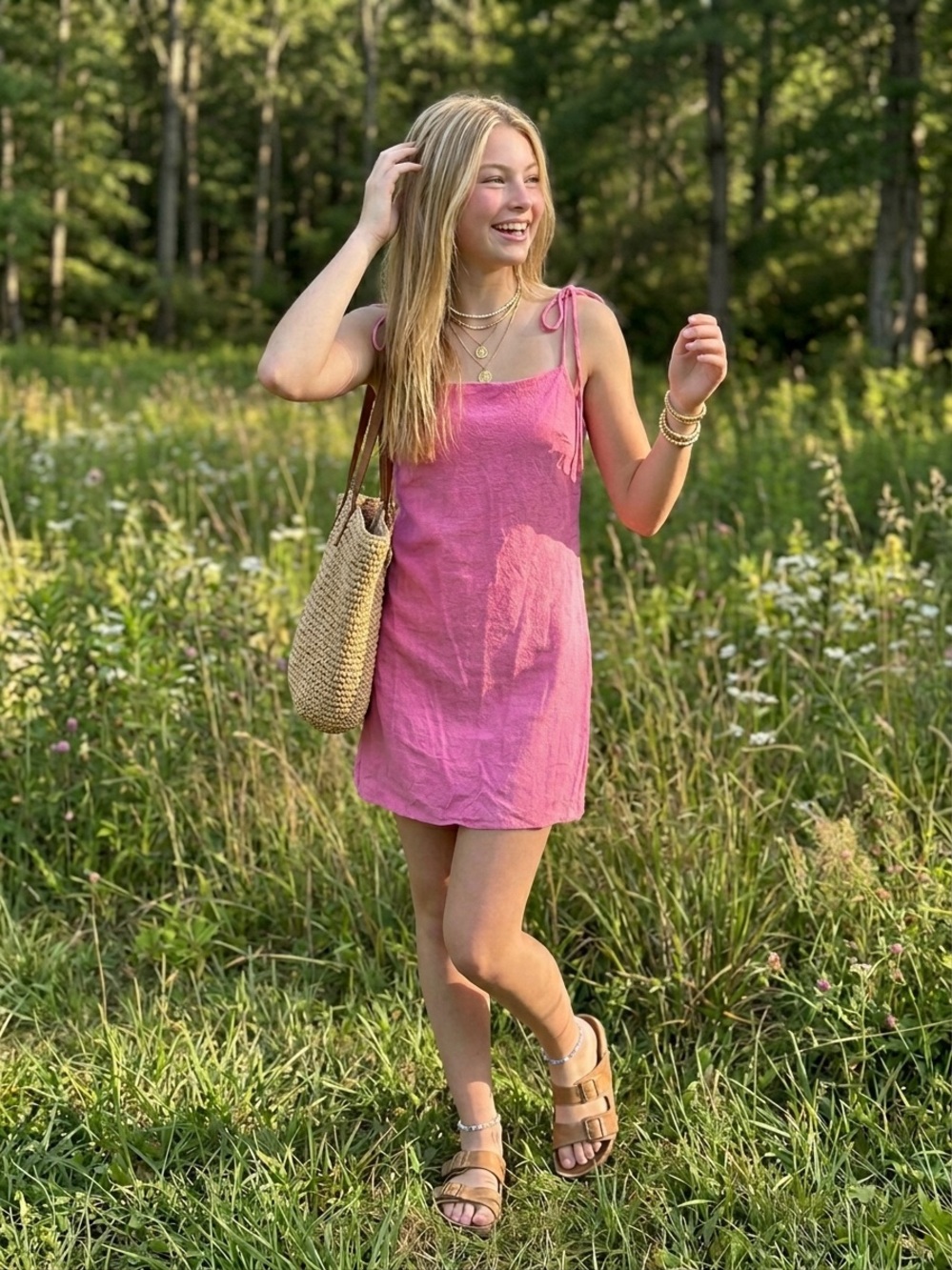Petal & Pup Hot Pink Tie-Shoulder Linen Blend Mini Dress Size Large Like New!